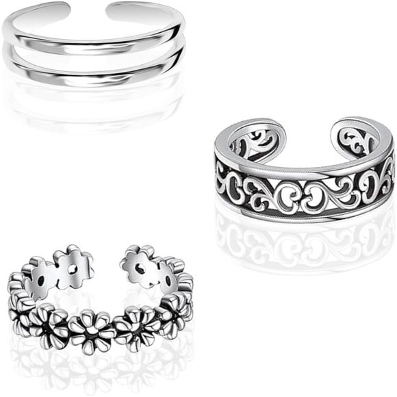 925 Sterling Silver Minimalist Toe Rings Set of 3 Adjustable Beach Foot Jewelry - Picture 2 of 5